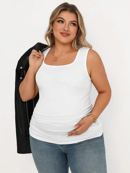 Maternity Plus Size 3-Piece Casual Set - Square Neck, Pleated, Slim Fit, Multicolor