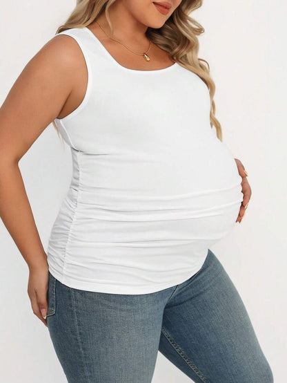 Maternity Plus Size 3-Piece Casual Set - Square Neck, Pleated, Slim Fit, Multicolor