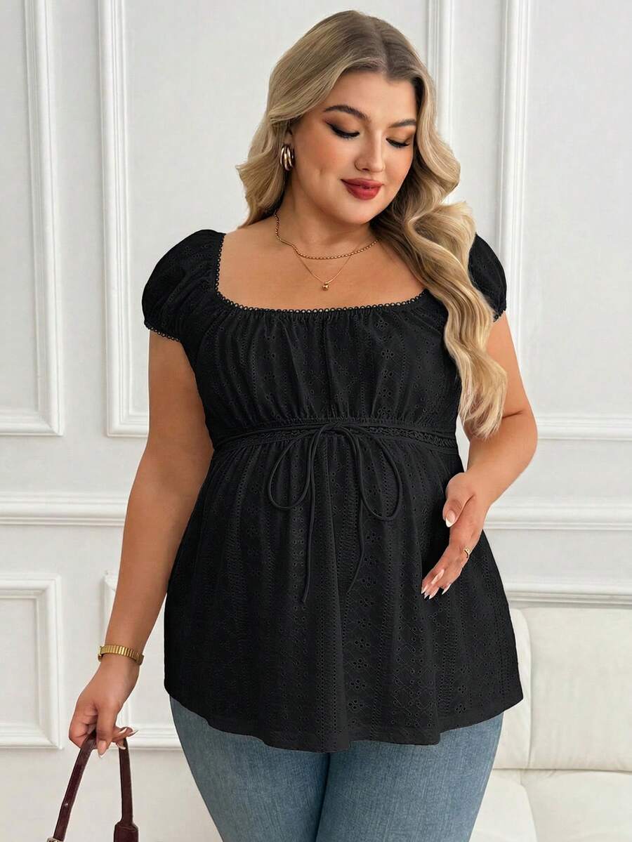 Maternity Plus Size Ruffle Trim Summer Top - Square Neck, Puff Sleeve, Drawstring, Pink