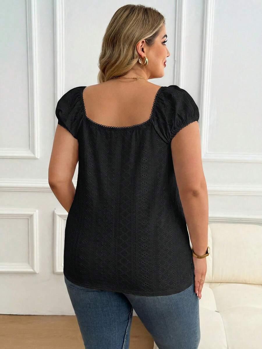 Maternity Plus Size Ruffle Trim Summer Top - Square Neck, Puff Sleeve, Drawstring, Pink