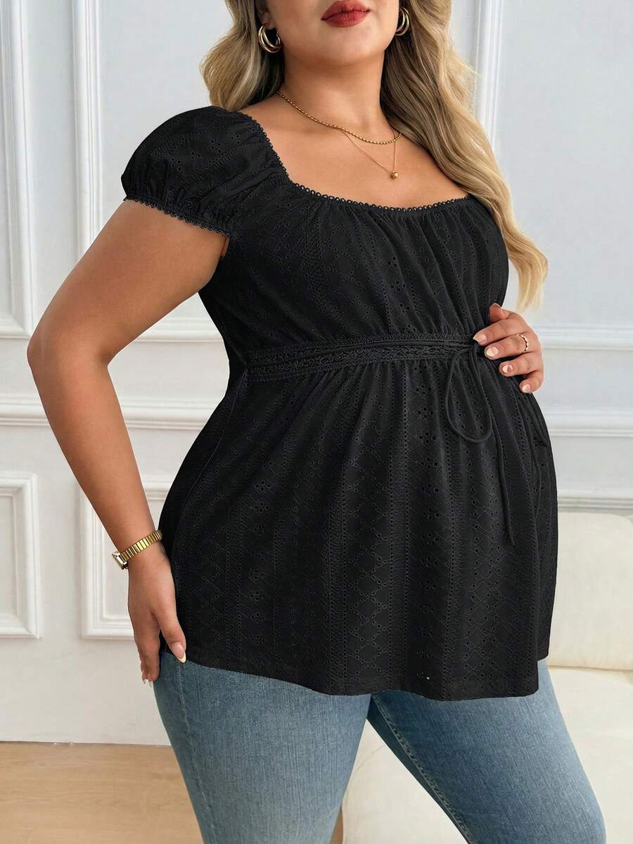 Maternity Plus Size Ruffle Trim Summer Top - Square Neck, Puff Sleeve, Drawstring, Pink