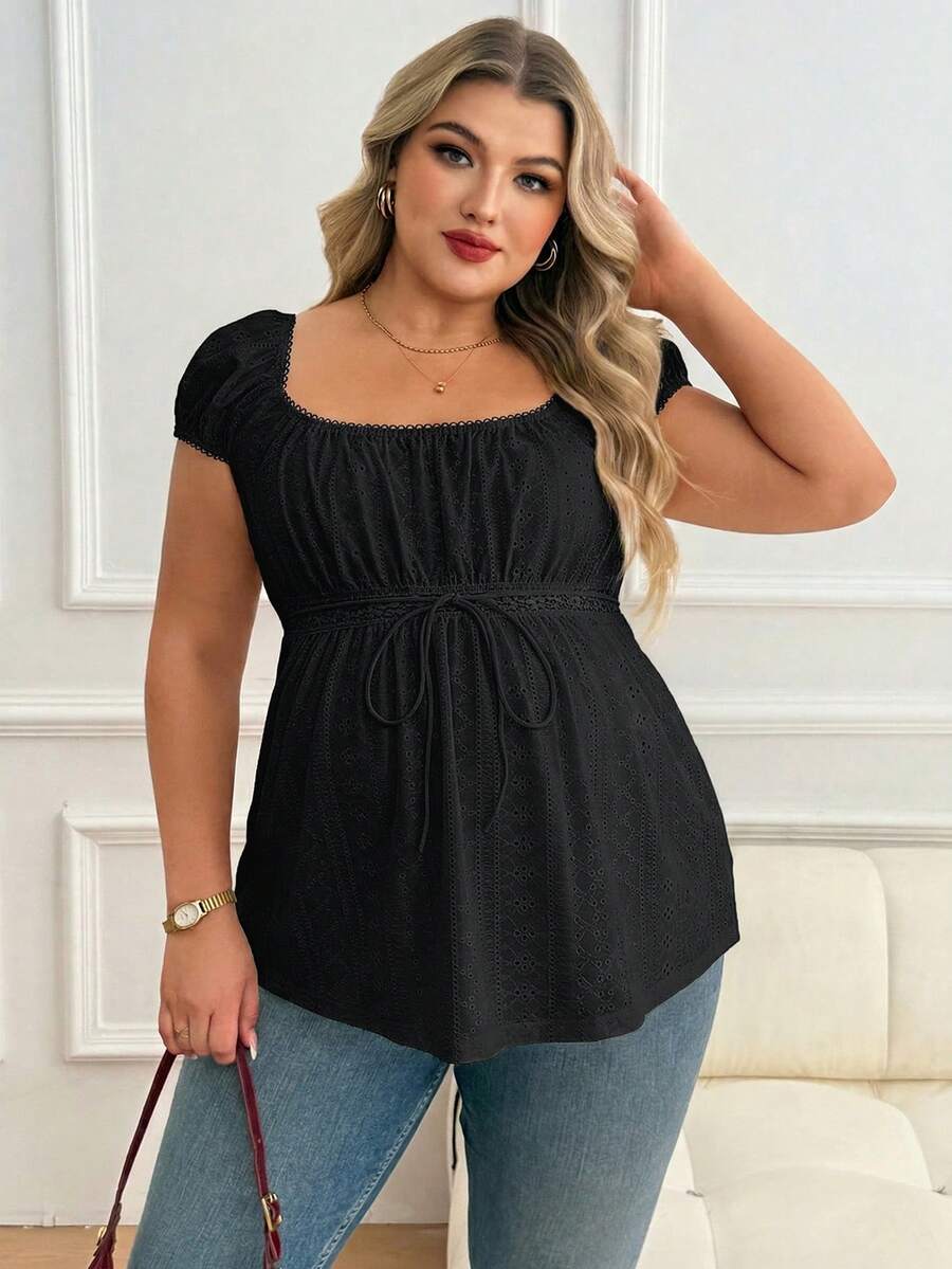 Maternity Plus Size Ruffle Trim Summer Top - Square Neck, Puff Sleeve, Drawstring, Pink