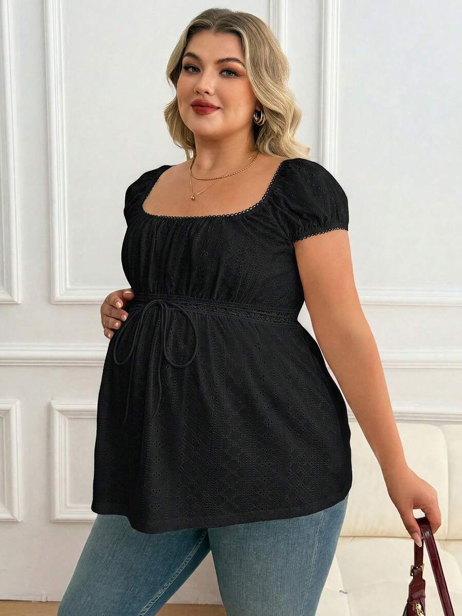 Maternity Plus Size Ruffle Trim Summer Top - Square Neck, Puff Sleeve, Drawstring, Pink