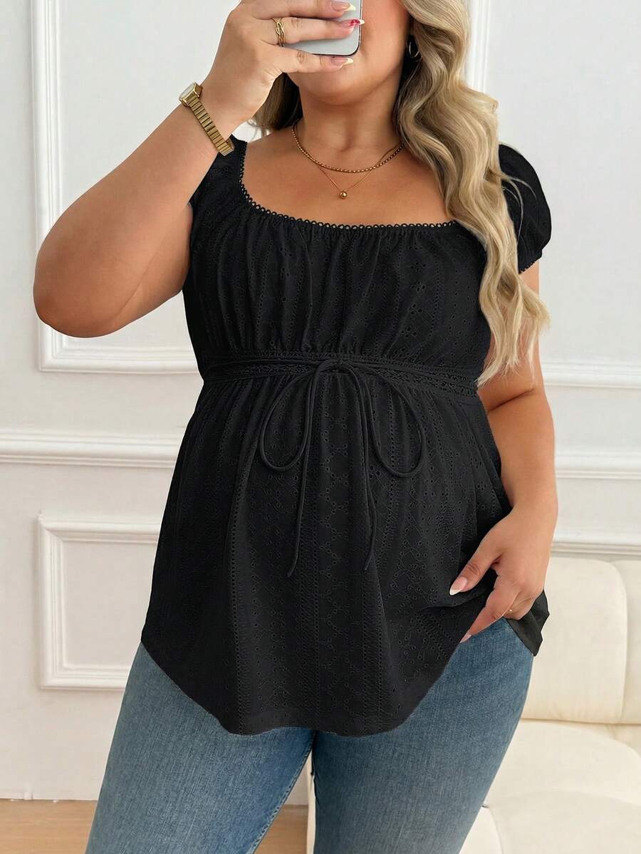Maternity Plus Size Ruffle Trim Summer Top - Square Neck, Puff Sleeve, Drawstring, Pink