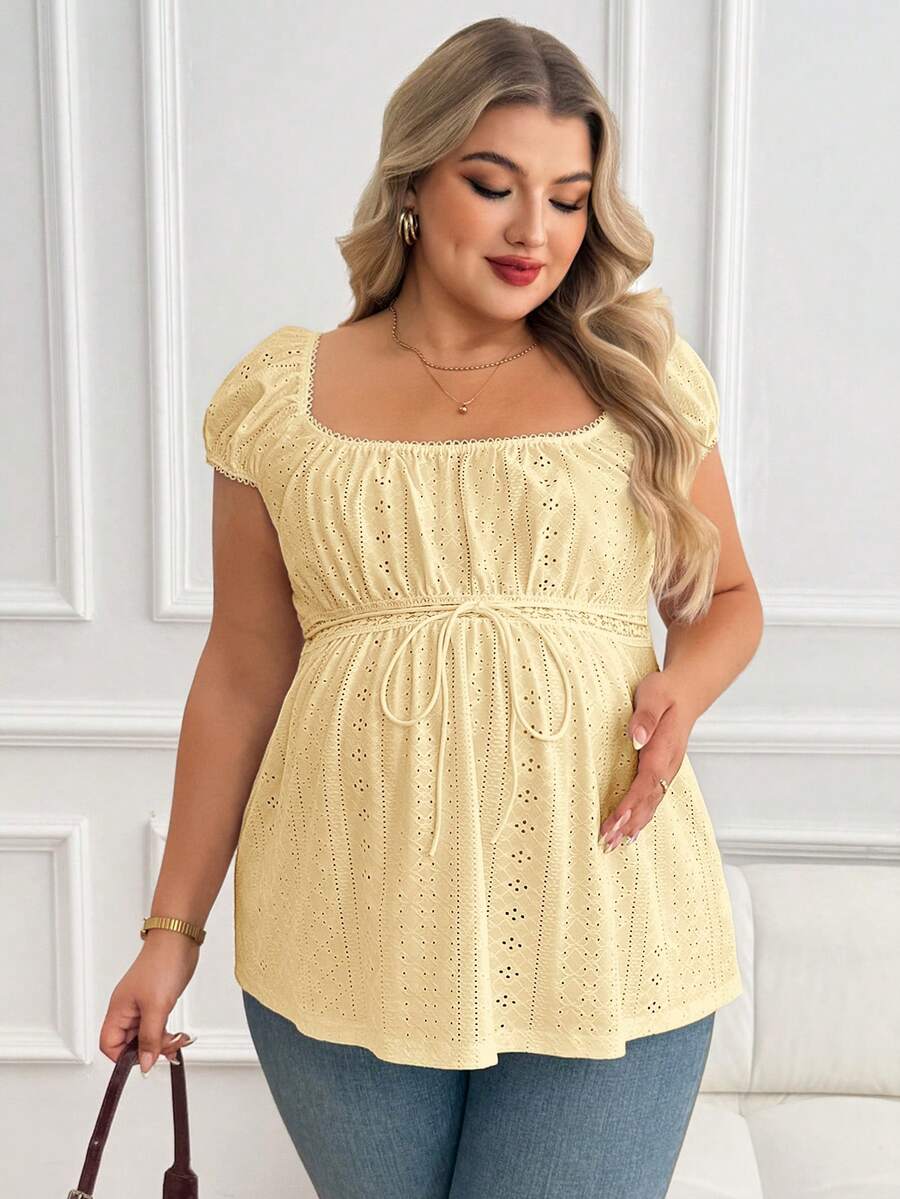 Maternity Plus Size Ruffle Trim Summer Top - Square Neck, Puff Sleeve, Drawstring, Pink