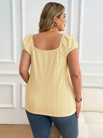 Maternity Plus Size Ruffle Trim Summer Top - Square Neck, Puff Sleeve, Drawstring, Pink