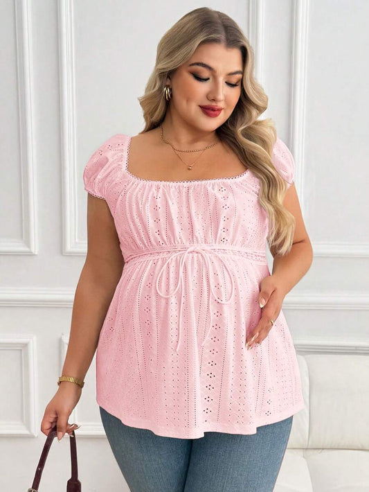 Maternity Plus Size Ruffle Trim Summer Top - Square Neck, Puff Sleeve, Drawstring, Pink