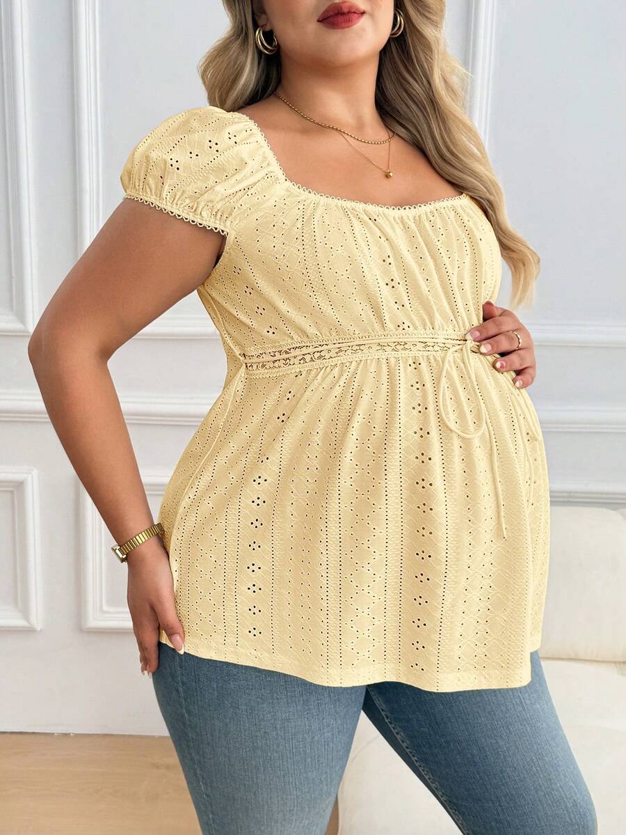 Maternity Plus Size Ruffle Trim Summer Top - Square Neck, Puff Sleeve, Drawstring, Pink