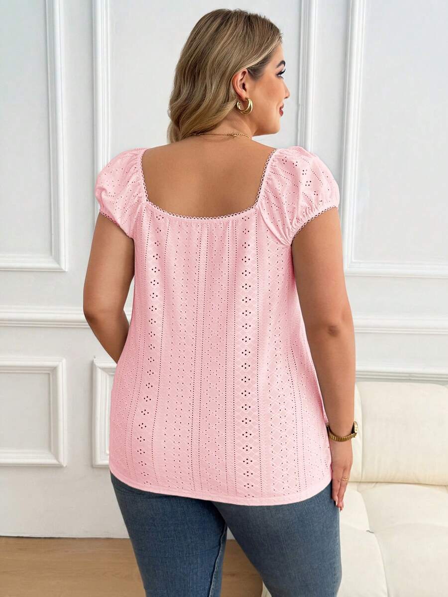 Maternity Plus Size Ruffle Trim Summer Top - Square Neck, Puff Sleeve, Drawstring, Pink