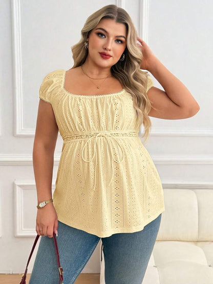 Maternity Plus Size Ruffle Trim Summer Top - Square Neck, Puff Sleeve, Drawstring, Pink