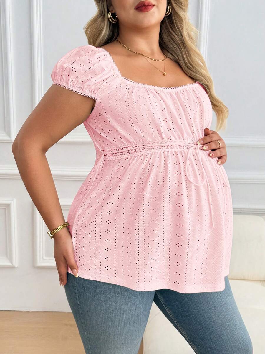 Maternity Plus Size Ruffle Trim Summer Top - Square Neck, Puff Sleeve, Drawstring, Pink