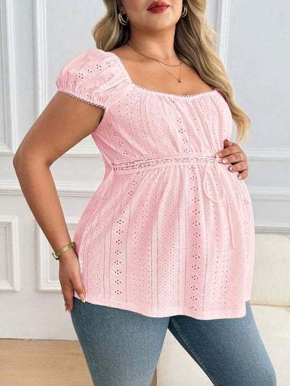 Maternity Plus Size Ruffle Trim Summer Top - Square Neck, Puff Sleeve, Drawstring, Pink