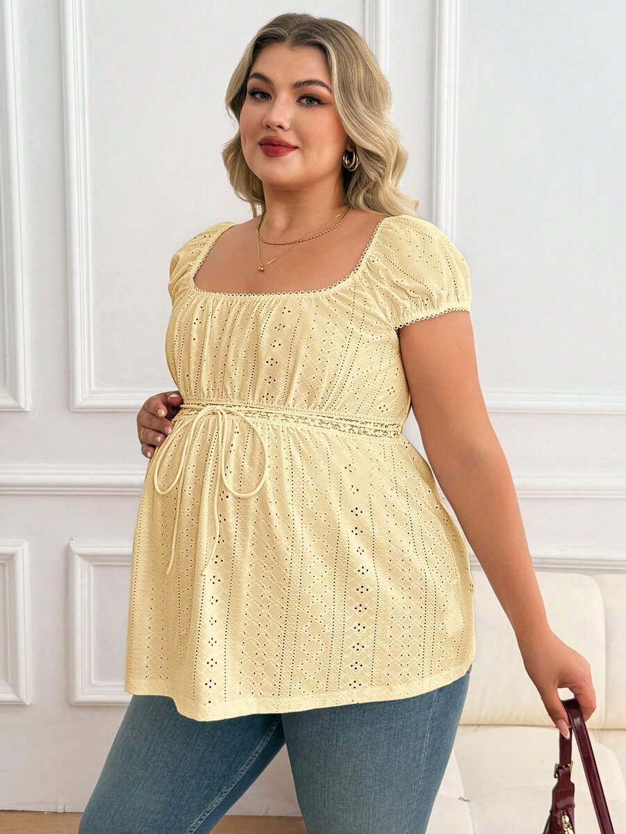 Maternity Plus Size Ruffle Trim Summer Top - Square Neck, Puff Sleeve, Drawstring, Pink