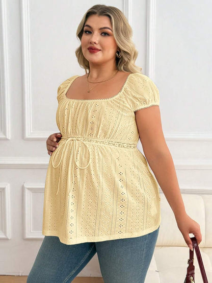 Maternity Plus Size Ruffle Trim Summer Top - Square Neck, Puff Sleeve, Drawstring, Pink