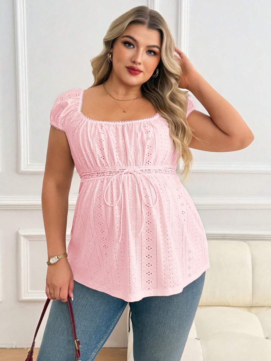 Maternity Plus Size Ruffle Trim Summer Top - Square Neck, Puff Sleeve, Drawstring, Pink