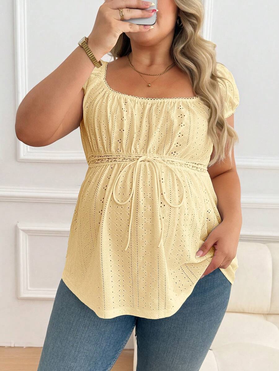 Maternity Plus Size Ruffle Trim Summer Top - Square Neck, Puff Sleeve, Drawstring, Pink