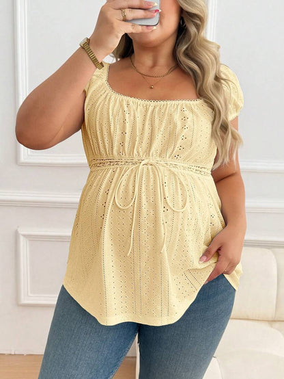 Maternity Plus Size Ruffle Trim Summer Top - Square Neck, Puff Sleeve, Drawstring, Pink