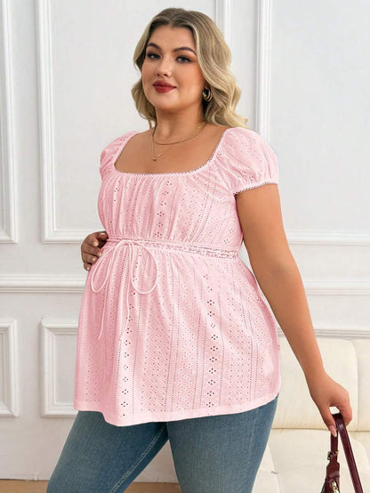 Maternity Plus Size Ruffle Trim Summer Top - Square Neck, Puff Sleeve, Drawstring, Pink