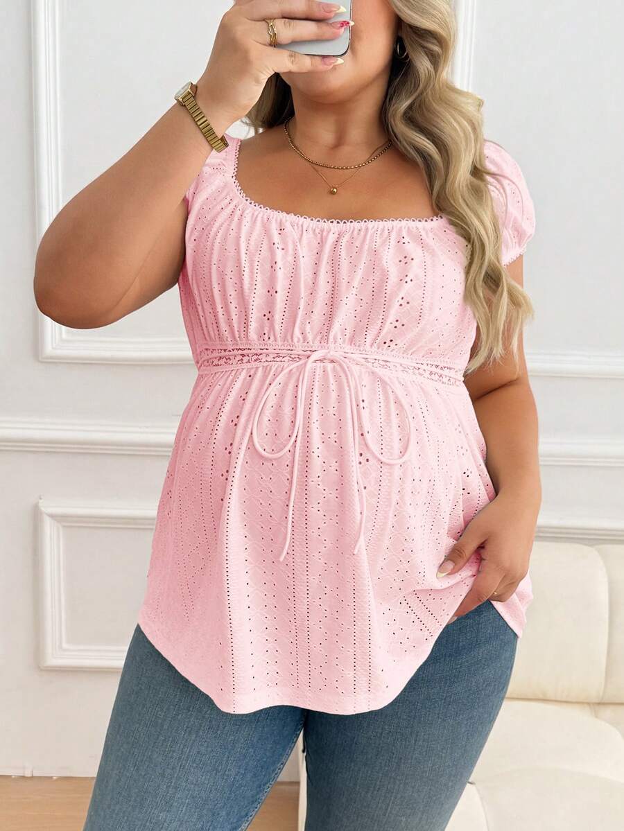 Maternity Plus Size Ruffle Trim Summer Top - Square Neck, Puff Sleeve, Drawstring, Pink