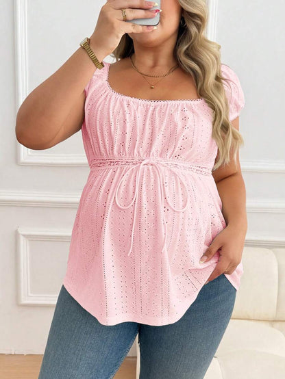 Maternity Plus Size Ruffle Trim Summer Top - Square Neck, Puff Sleeve, Drawstring, Pink