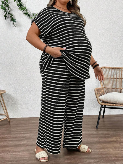 Plus Size Maternity Striped 2-Piece Set - Round Neck Tee & Wide Leg Pants, Skinny Fit, Apricot