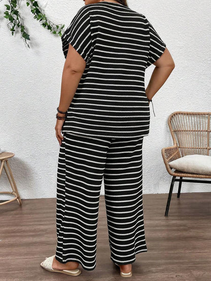 Plus Size Maternity Striped 2-Piece Set - Round Neck Tee & Wide Leg Pants, Skinny Fit, Apricot