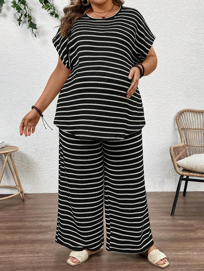 Plus Size Maternity Striped 2-Piece Set - Round Neck Tee & Wide Leg Pants, Skinny Fit, Apricot