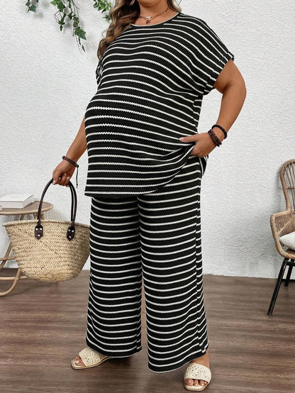 Plus Size Maternity Striped 2-Piece Set - Round Neck Tee & Wide Leg Pants, Skinny Fit, Apricot