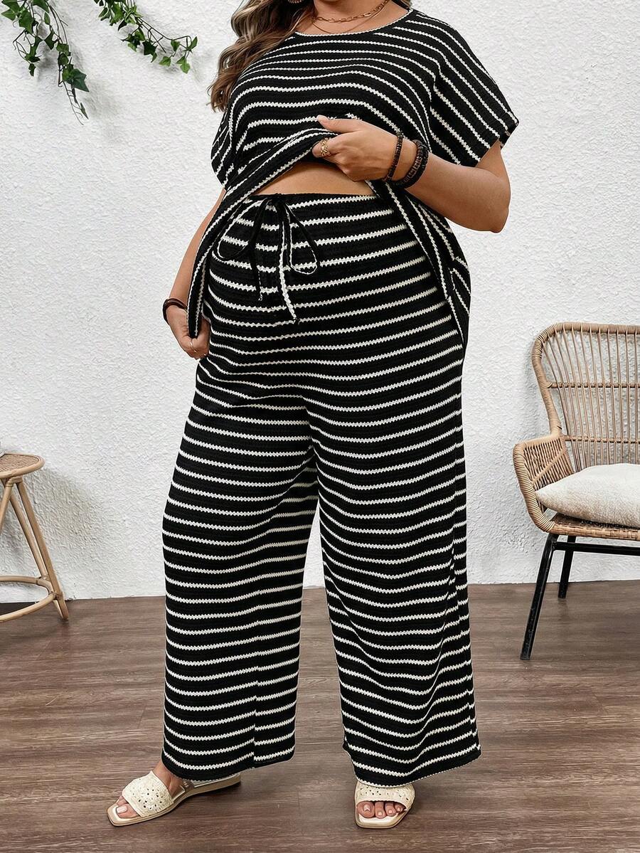Plus Size Maternity Striped 2-Piece Set - Round Neck Tee & Wide Leg Pants, Skinny Fit, Apricot