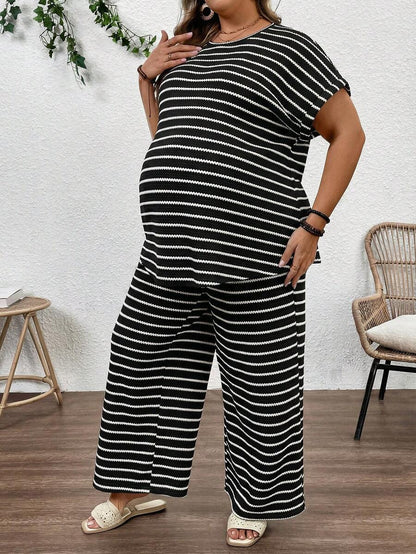 Plus Size Maternity Striped 2-Piece Set - Round Neck Tee & Wide Leg Pants, Skinny Fit, Apricot