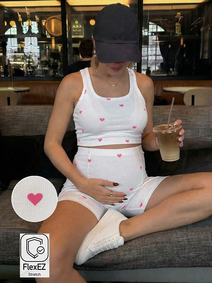 2 Piece Maternity Heart Print Cropped Tank Top and Shorts Set Casual White Slim Fit Summer Workout and Beach Outfit