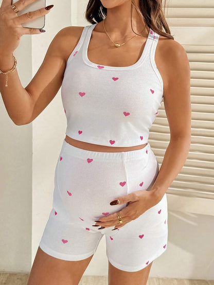 2 Piece Maternity Heart Print Cropped Tank Top and Shorts Set Casual White Slim Fit Summer Workout and Beach Outfit