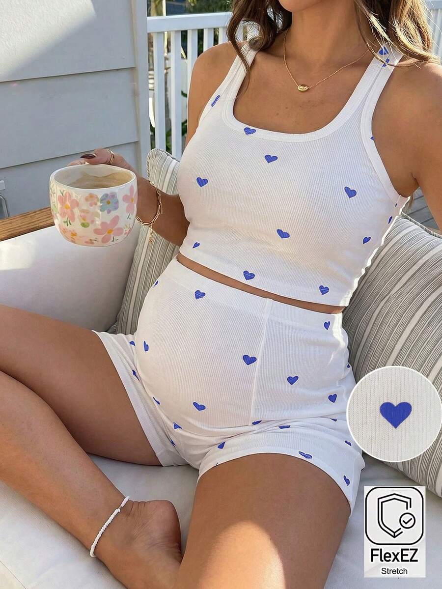 2 Piece Maternity Heart Print Cropped Tank Top and Shorts Set Casual White Slim Fit Summer Workout and Beach Outfit