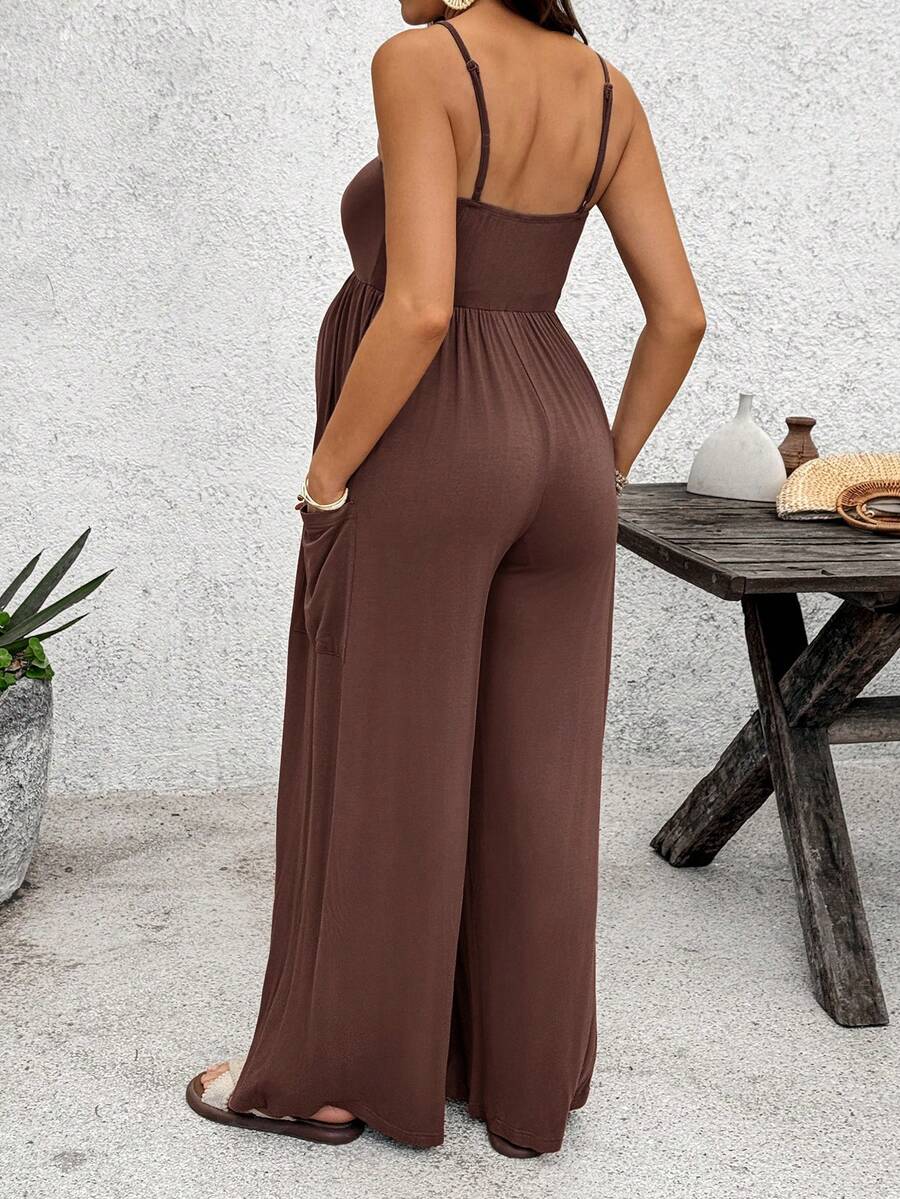 Royal Blue High-Stretch Maternity Halter Jumpsuit – Loose Fit Capri Length Unitard with Pockets & Draped Detail for Yoga, Casual Wear, or Night Out
