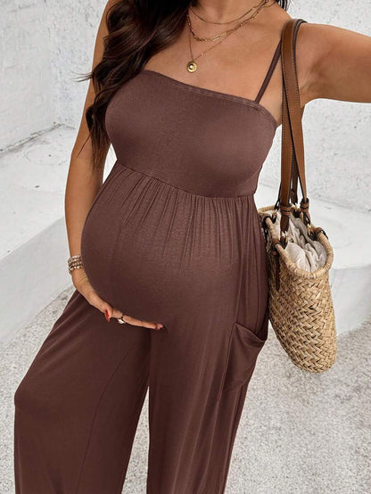 Royal Blue High-Stretch Maternity Halter Jumpsuit – Loose Fit Capri Length Unitard with Pockets & Draped Detail for Yoga, Casual Wear, or Night Out