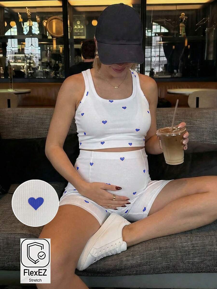 2 Piece Maternity Heart Print Cropped Tank Top and Shorts Set Casual White Slim Fit Summer Workout and Beach Outfit
