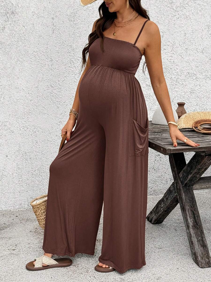Royal Blue High-Stretch Maternity Halter Jumpsuit – Loose Fit Capri Length Unitard with Pockets & Draped Detail for Yoga, Casual Wear, or Night Out