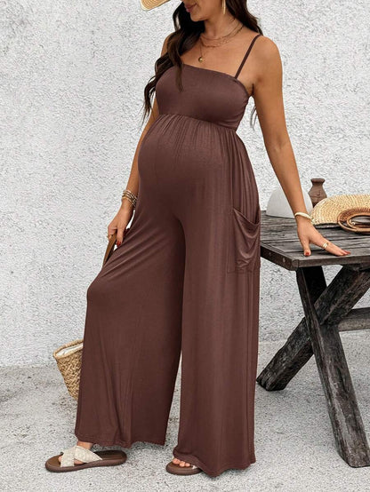 Royal Blue High-Stretch Maternity Halter Jumpsuit – Loose Fit Capri Length Unitard with Pockets & Draped Detail for Yoga, Casual Wear, or Night Out