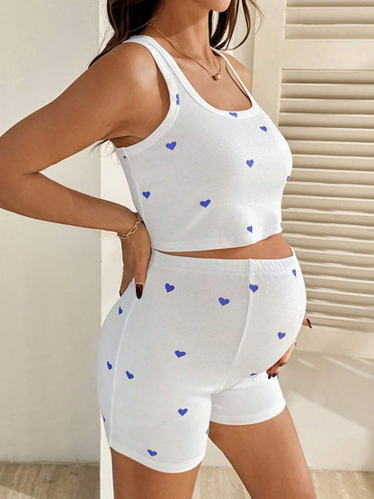 2 Piece Maternity Heart Print Cropped Tank Top and Shorts Set Casual White Slim Fit Summer Workout and Beach Outfit
