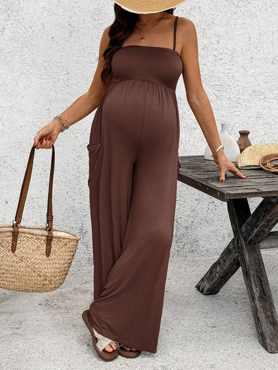 Royal Blue High-Stretch Maternity Halter Jumpsuit – Loose Fit Capri Length Unitard with Pockets & Draped Detail for Yoga, Casual Wear, or Night Out