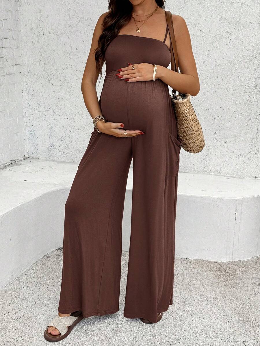 Royal Blue High-Stretch Maternity Halter Jumpsuit – Loose Fit Capri Length Unitard with Pockets & Draped Detail for Yoga, Casual Wear, or Night Out