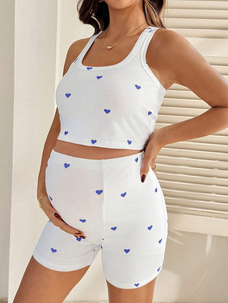 2 Piece Maternity Heart Print Cropped Tank Top and Shorts Set Casual White Slim Fit Summer Workout and Beach Outfit