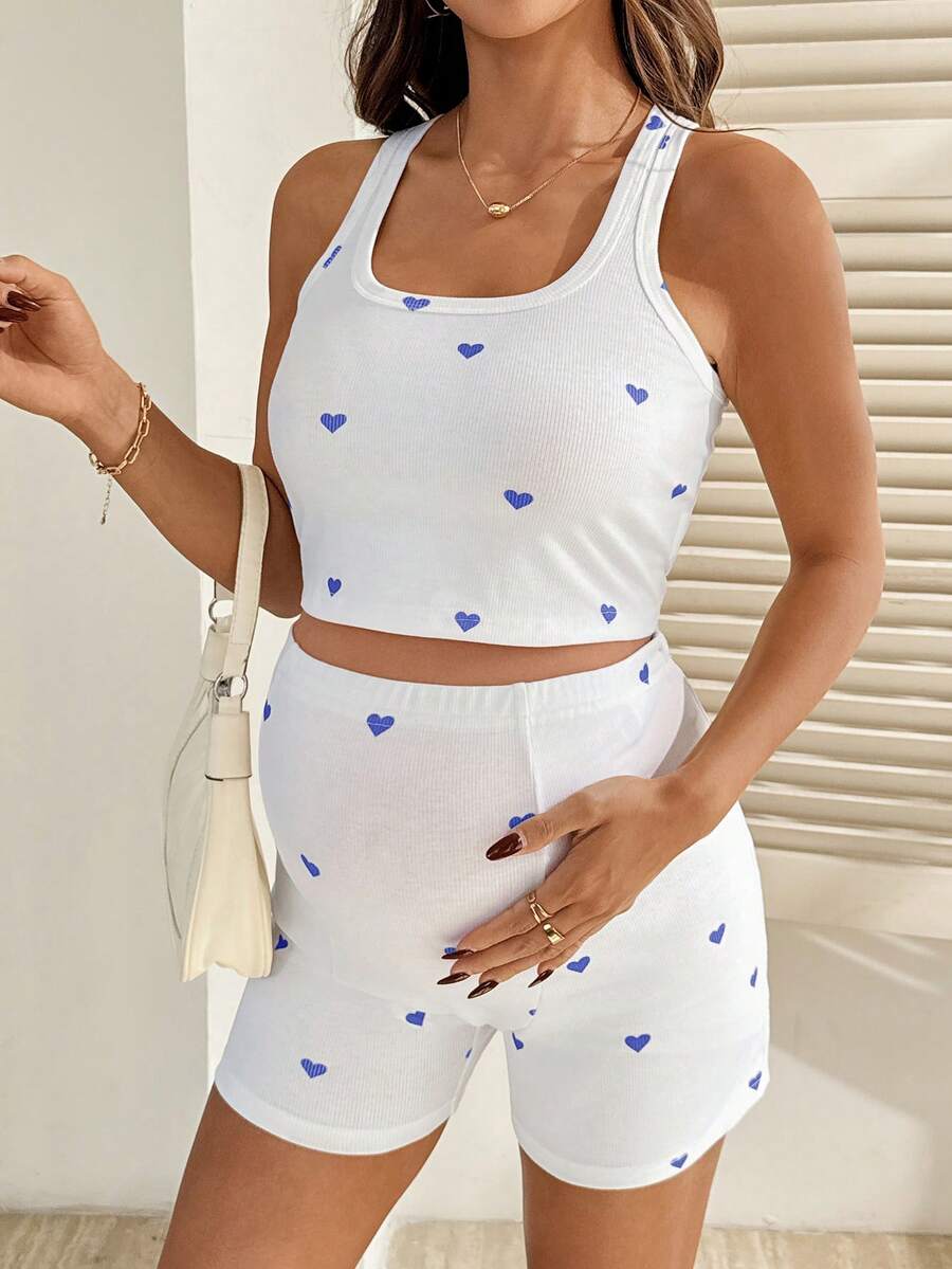 2 Piece Maternity Heart Print Cropped Tank Top and Shorts Set Casual White Slim Fit Summer Workout and Beach Outfit