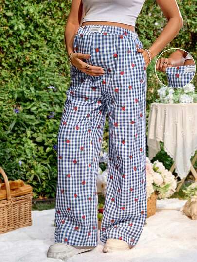 Blue and White Strawberry Plaid Maternity Pants - Boho Ultra High Waist Straight Leg Trousers - Loose Fit Spring Fall Maternity Bottoms