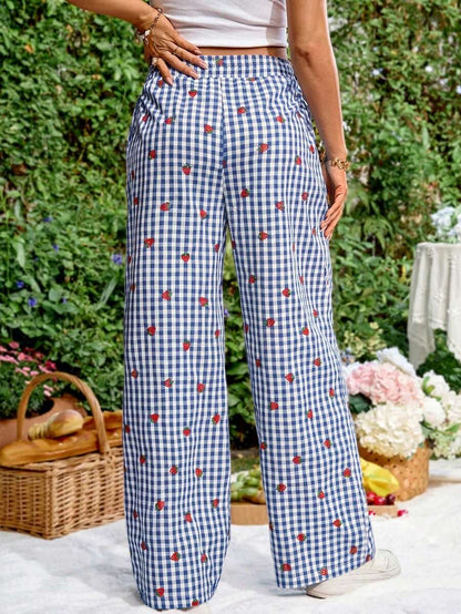 Blue and White Strawberry Plaid Maternity Pants - Boho Ultra High Waist Straight Leg Trousers - Loose Fit Spring Fall Maternity Bottoms