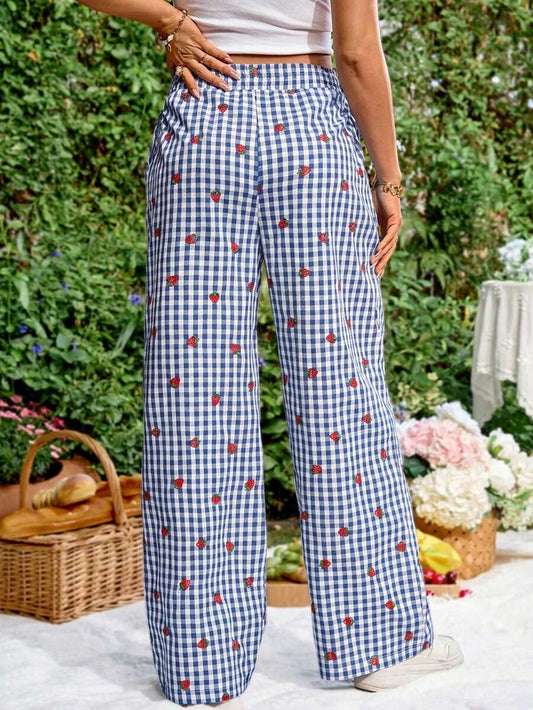 Blue and White Strawberry Plaid Maternity Pants - Boho Ultra High Waist Straight Leg Trousers - Loose Fit Spring Fall Maternity Bottoms