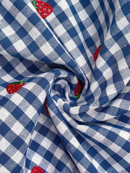 Blue and White Strawberry Plaid Maternity Pants - Boho Ultra High Waist Straight Leg Trousers - Loose Fit Spring Fall Maternity Bottoms