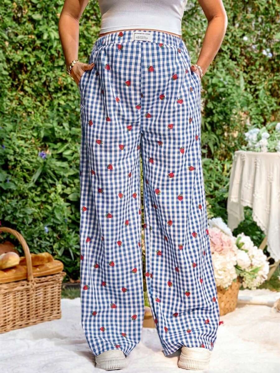 Blue and White Strawberry Plaid Maternity Pants - Boho Ultra High Waist Straight Leg Trousers - Loose Fit Spring Fall Maternity Bottoms