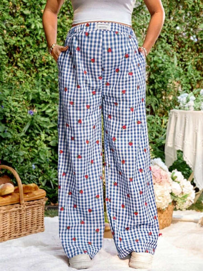 Blue and White Strawberry Plaid Maternity Pants - Boho Ultra High Waist Straight Leg Trousers - Loose Fit Spring Fall Maternity Bottoms