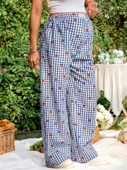 Blue and White Strawberry Plaid Maternity Pants - Boho Ultra High Waist Straight Leg Trousers - Loose Fit Spring Fall Maternity Bottoms